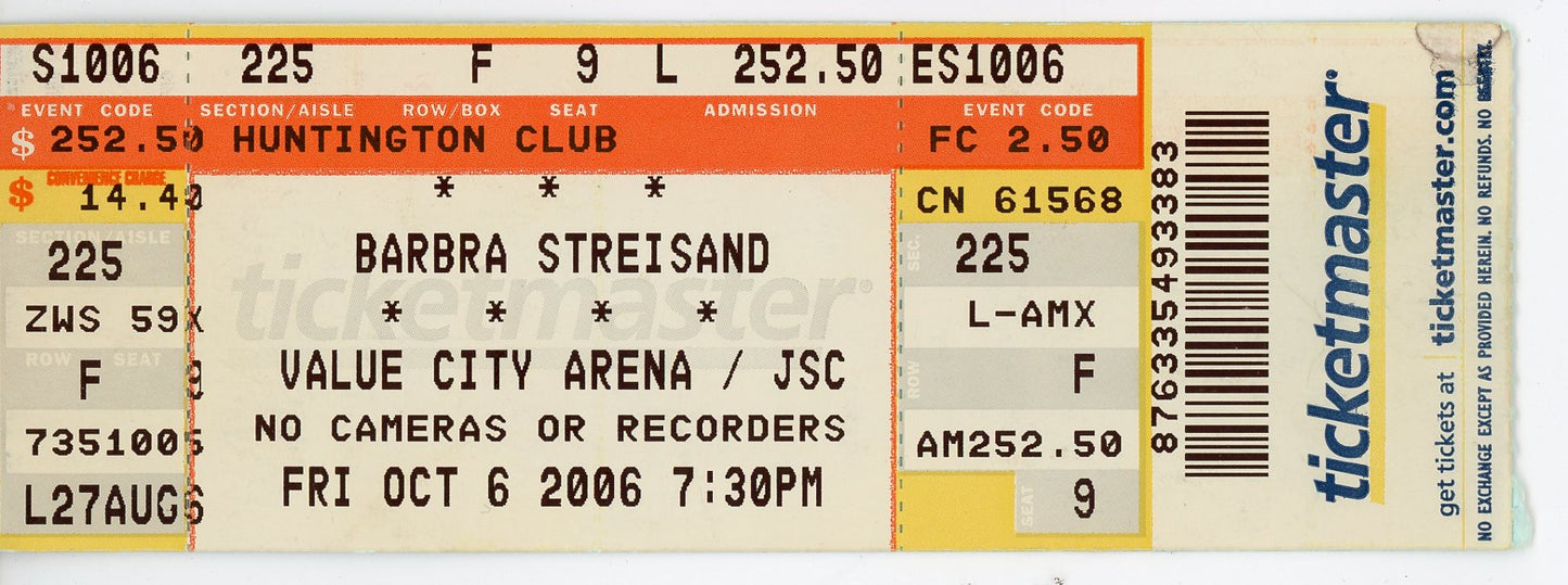 Barbra Streisand Vintage Concert Ticket Stub Value City Arena (Columbus, 2006)