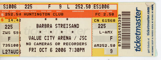 Barbra Streisand Vintage Concert Ticket Stub Value City Arena (Columbus, 2006)