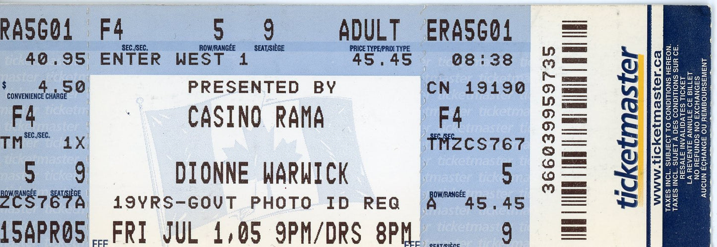Dionne Warwick Vintage Concert Ticket Stub Casino Rama (Orillia, 2005)