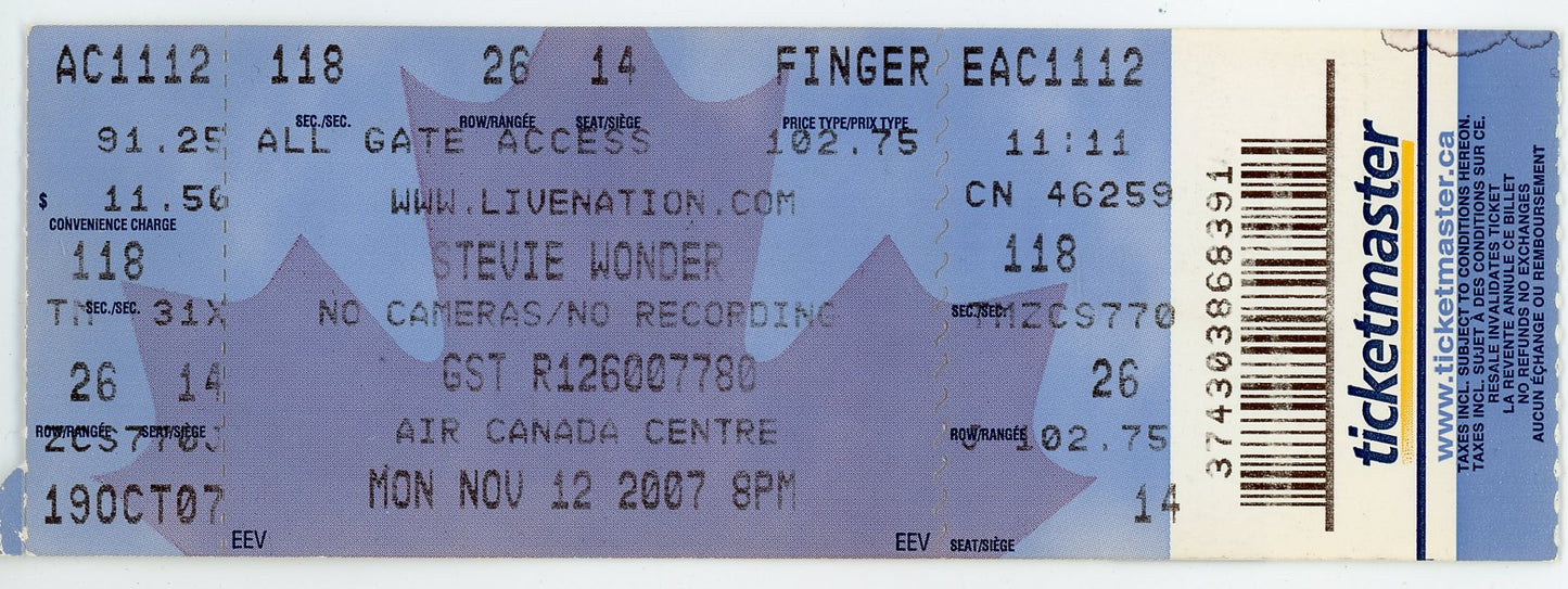Stevie Wonder Vintage Concert Ticket Stub Air Canada Centre (Toronto 2007)