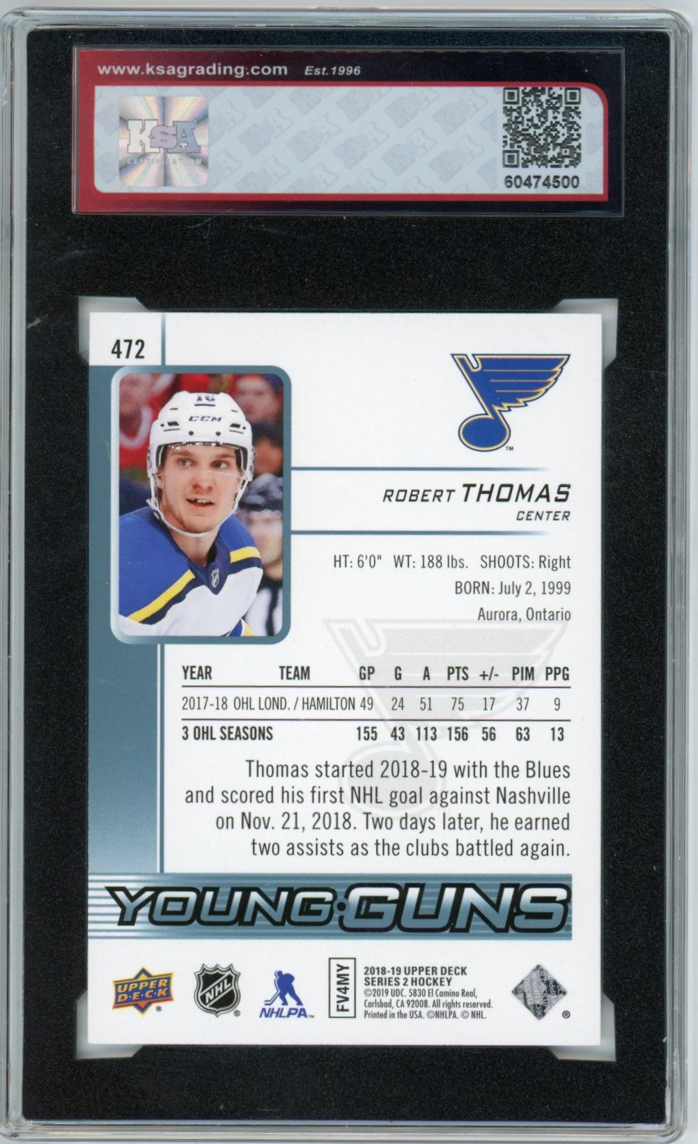 2018/19 Upper Deck Robert Thomas Young Guns Graded Rookie Card #472 KSA 9