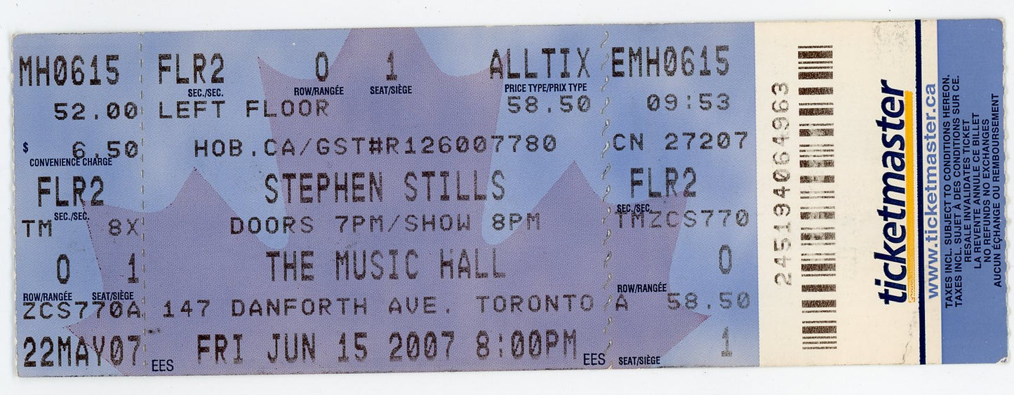 Stephen Stills Vintage Concert Ticket The Danforth Music Hall (Toronto, 2007)