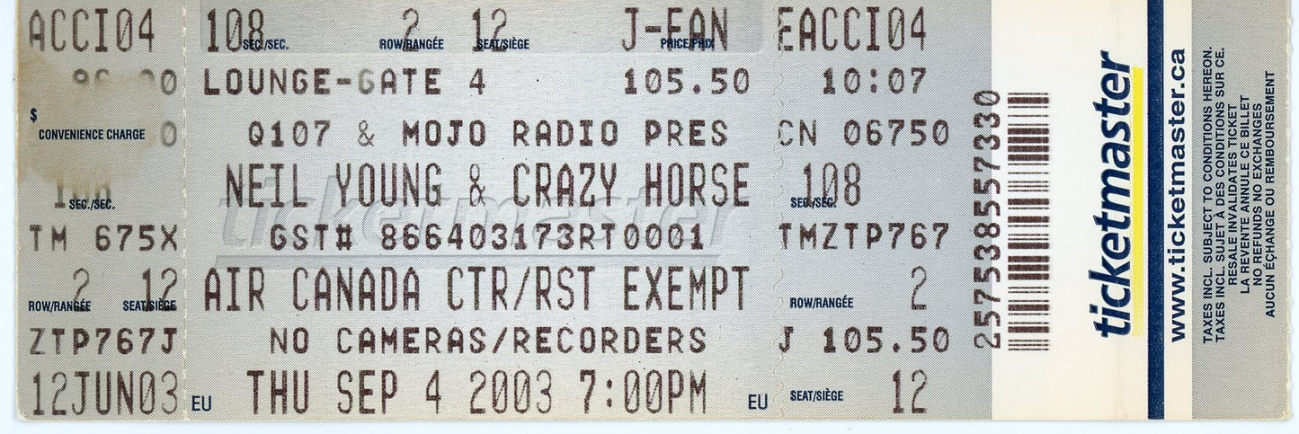 Neil Young & Crazy Horse Vintage Concert Ticket Air Canada Centre (Toronto, 2003)