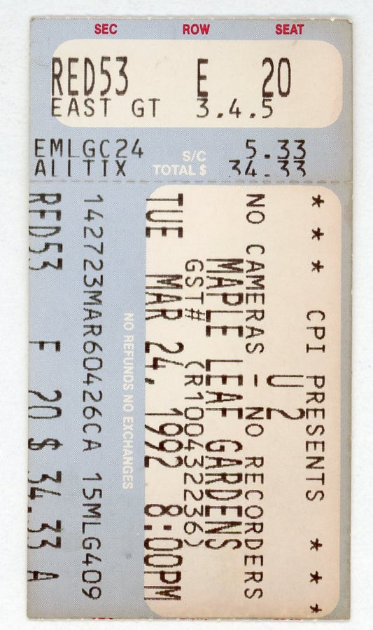 U2 Vintage Concert Ticket Maple Leaf Gardens (Toronto, 1992)
