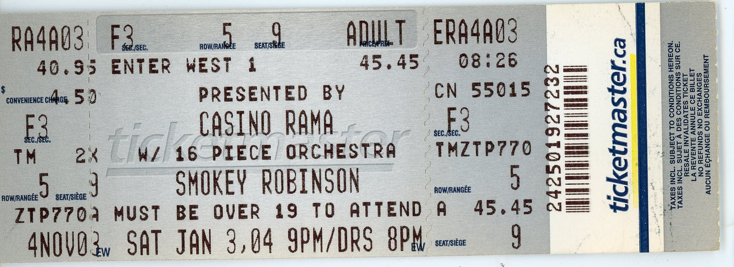 Smokey Robinson Vintage Concert Ticket Casino Rama (Orillia, 2004)