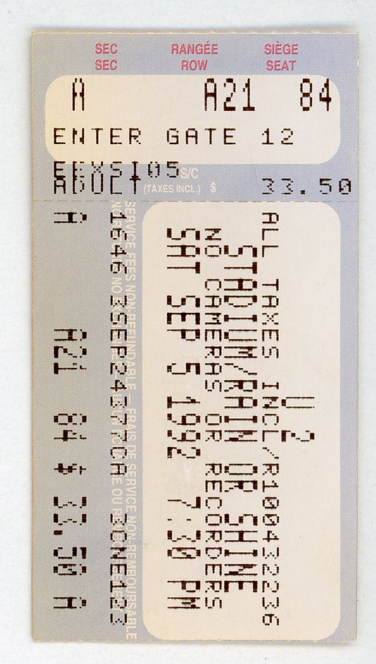 U2 Vintage Concert Ticket Exhibition Stadium (Toronto, 1992)