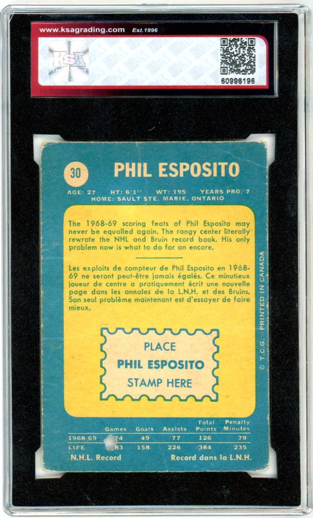 1969/70 OPC O-Pee-Chee Phil Esposito #30 Graded Hockey Card KSA Authentic Altered