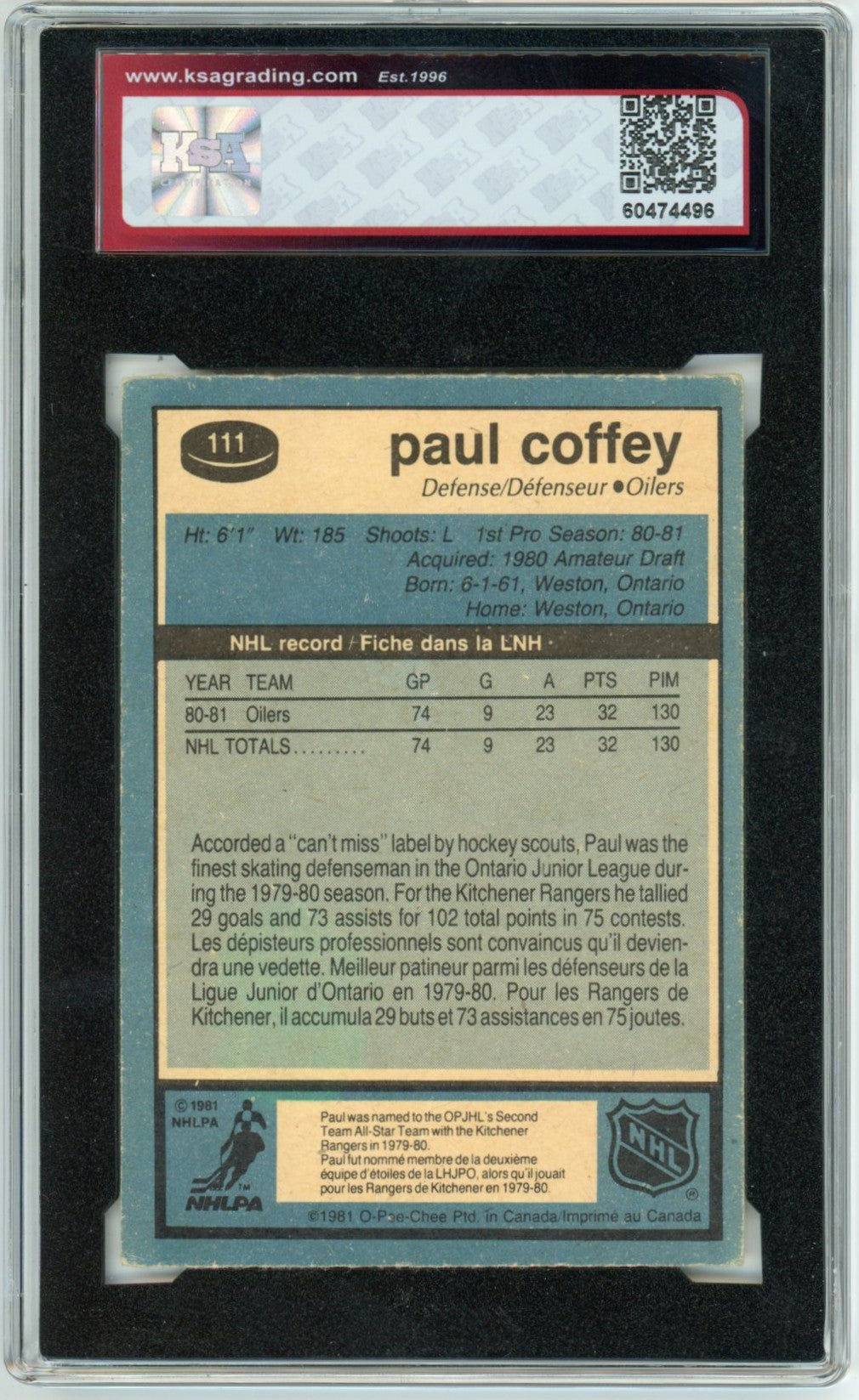 1981/82 OPC O-Pee-Chee Paul Coffey Graded Rookie Card #111 KSA 3