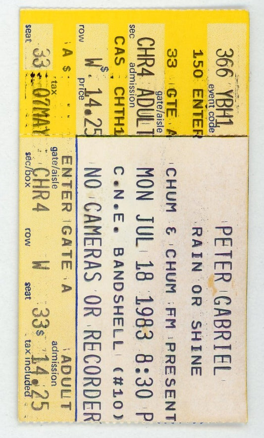 Peter Gabriel Vintage Concert Ticket CNE Bandshell (Toronto, 1983)