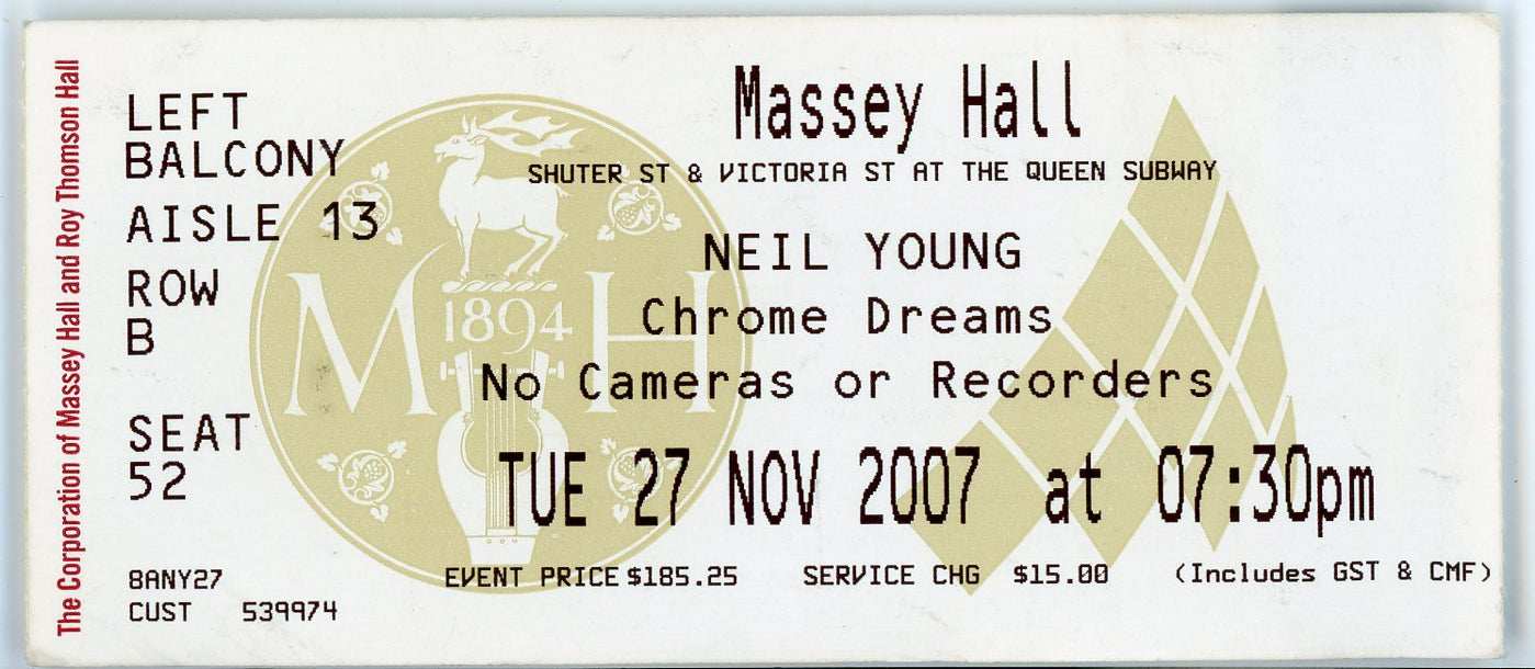 Neil Young Vintage Concert Ticket Massey Hall (Toronto, 2007)