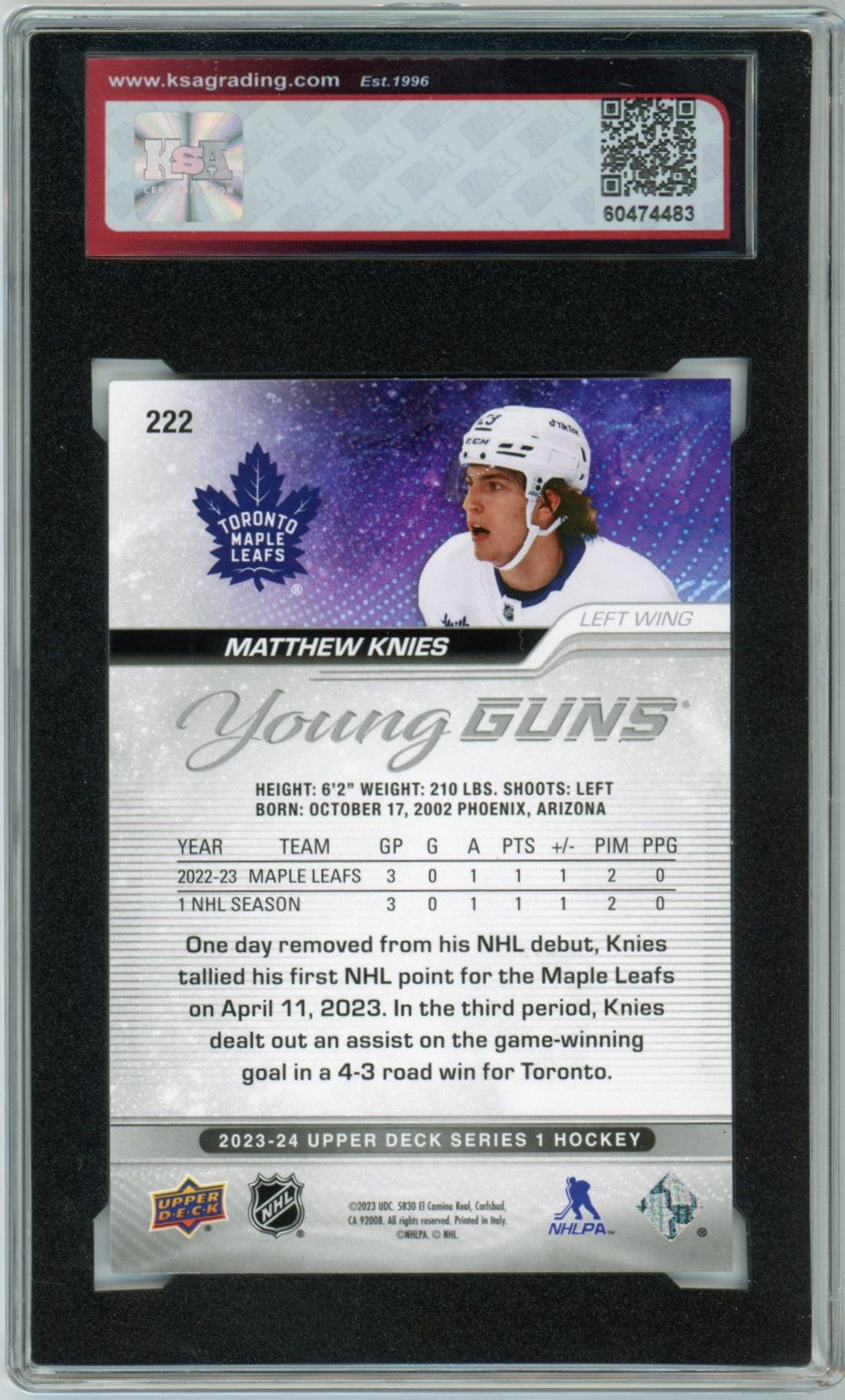 2023/24 Upper Deck Matthew Knies Young Guns Graded Rookie Card #222 KSA 8.5