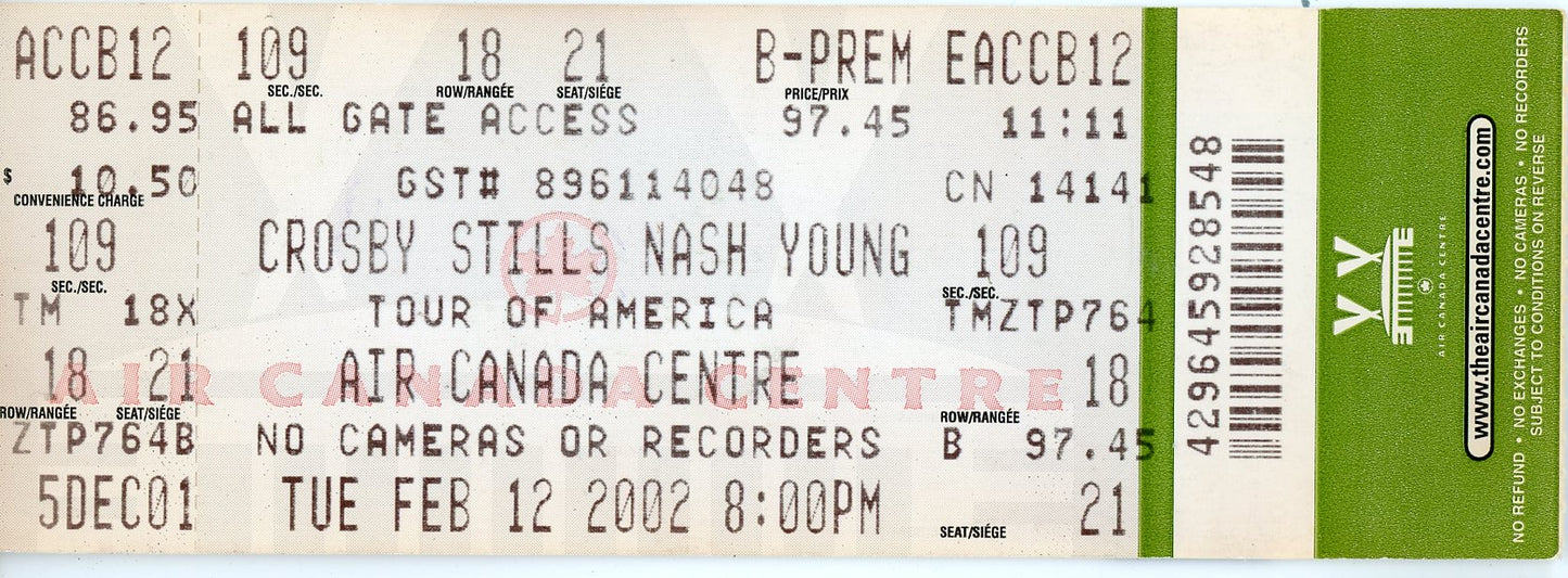 Crosby, Stills, Nash & Young Vintage Concert Ticket Air Canada Centre (Toronto, 2002)