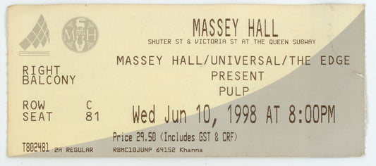Pulp Vintage Concert Ticket Massey Hall (Toronto, 1998)