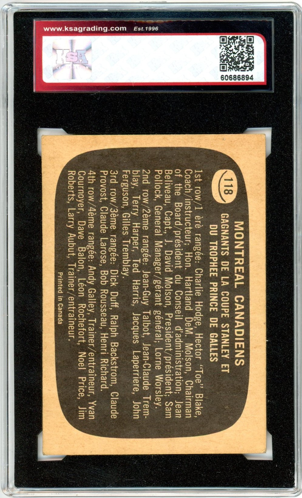 1966/67 Topps Montreal Canadiens Stanley Cup Champions Graded Hockey Card KSA 5.5