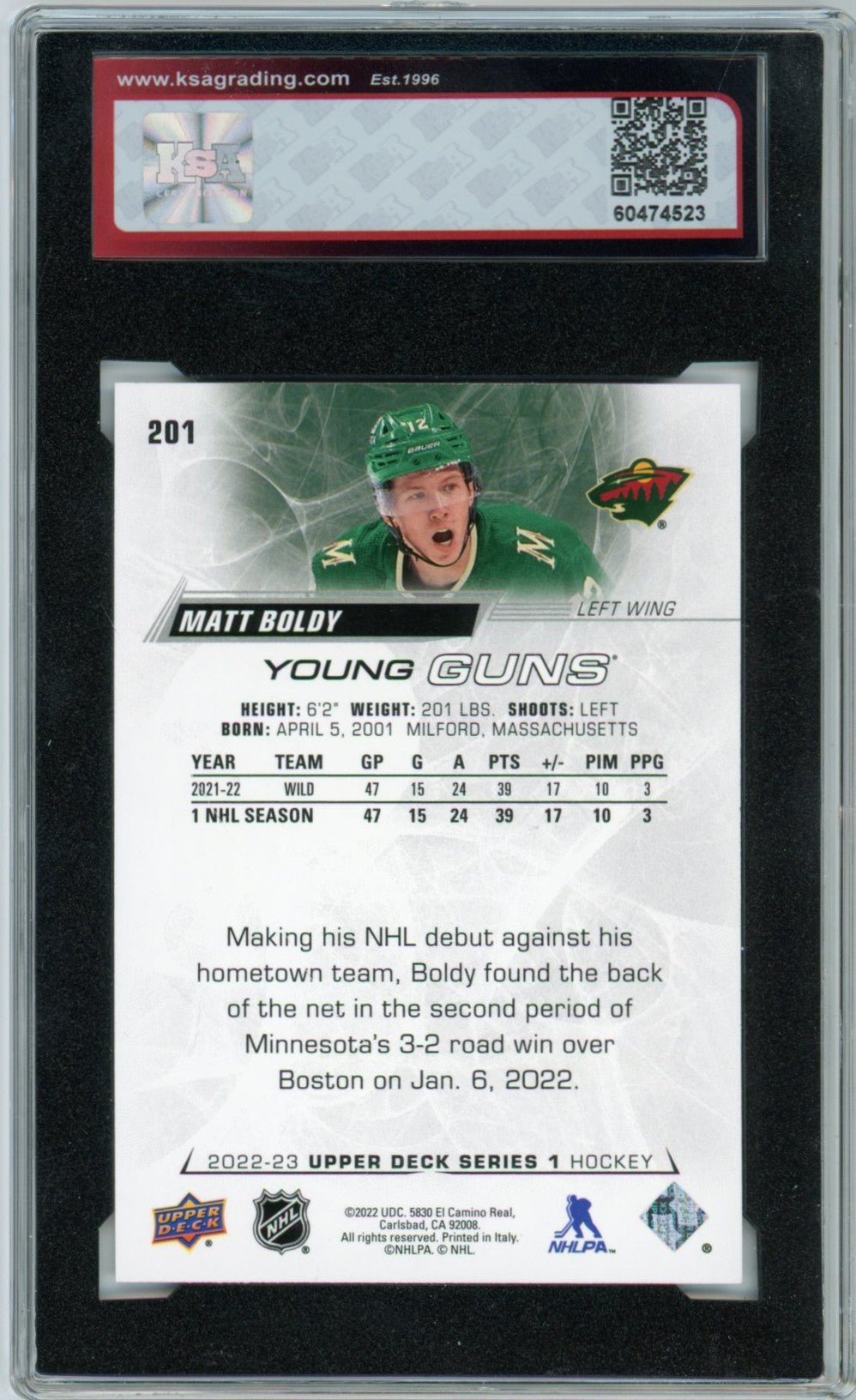 2022/23 Upper Deck Matt Boldy Young Guns Graded Rookie Card #201 KSA 9