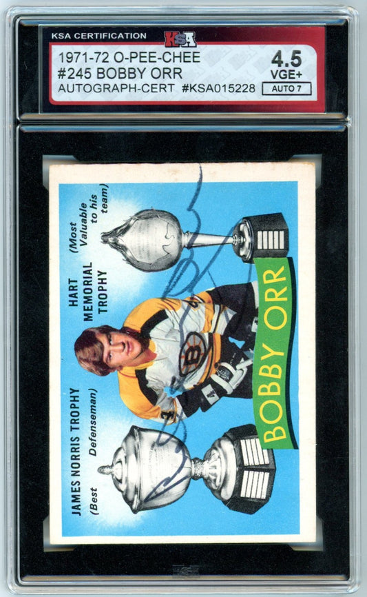 1971/72 OPC O-Pee-Chee Bobby Orr #245 Autograph Graded Hockey Card KSA 4.5 AUTO 7