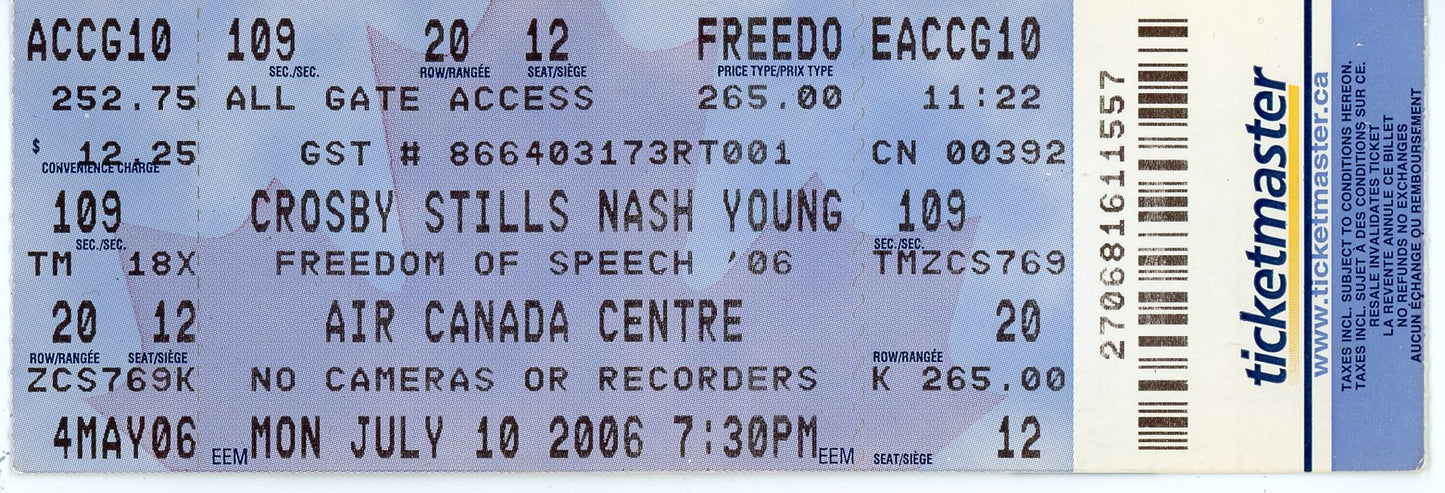 Crosby Stills Nash & Young Vintage Concert Ticket Air Canada Centre (Toronto, 2006)