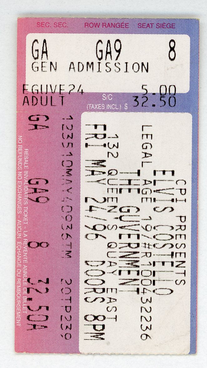 Elvis Costello Vintage Concert Ticket The Guvernment (Toronto, 1996)