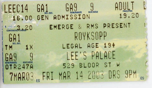 Royksopp Vintage Concert Ticket Lee's Palace (Toronto, 2003)