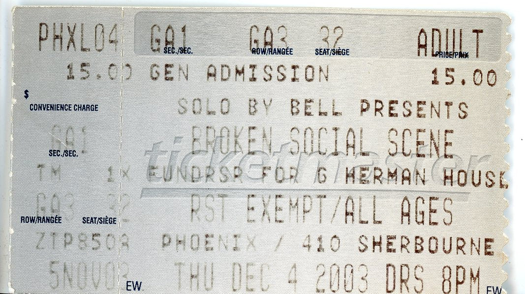 Broken Social Scene Vintage Concert Ticket Phoenix Concert Theatre (Toronto, 2003)