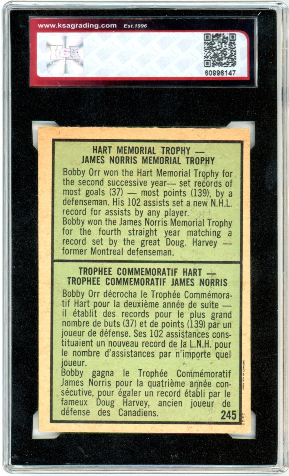 1971/72 OPC O-Pee-Chee Bobby Orr #245 Autograph Graded Hockey Card KSA 4.5 AUTO 7