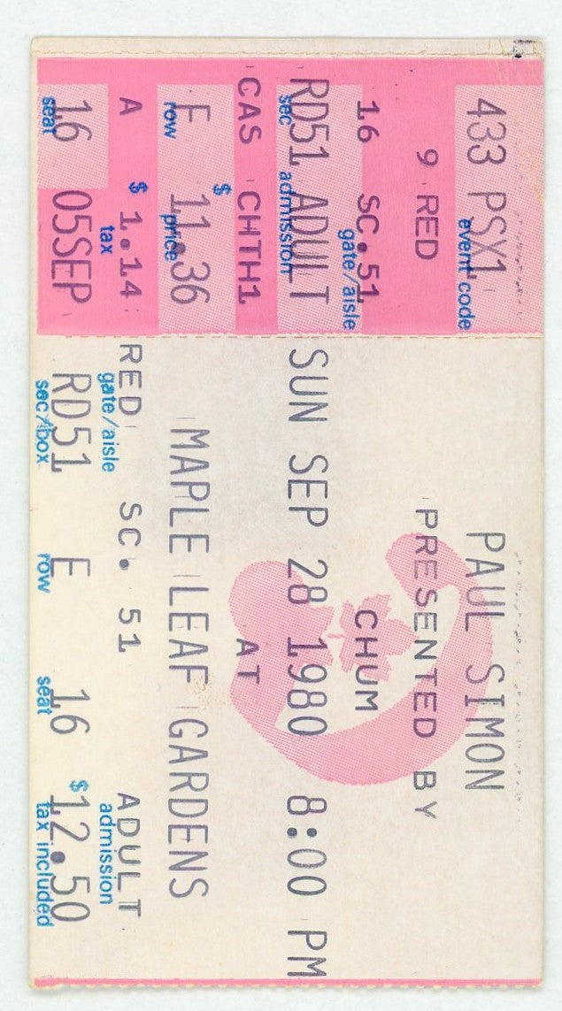 Paul Simon Vintage Concert Ticket Maple Leaf Gardens (Toronto, 1980)