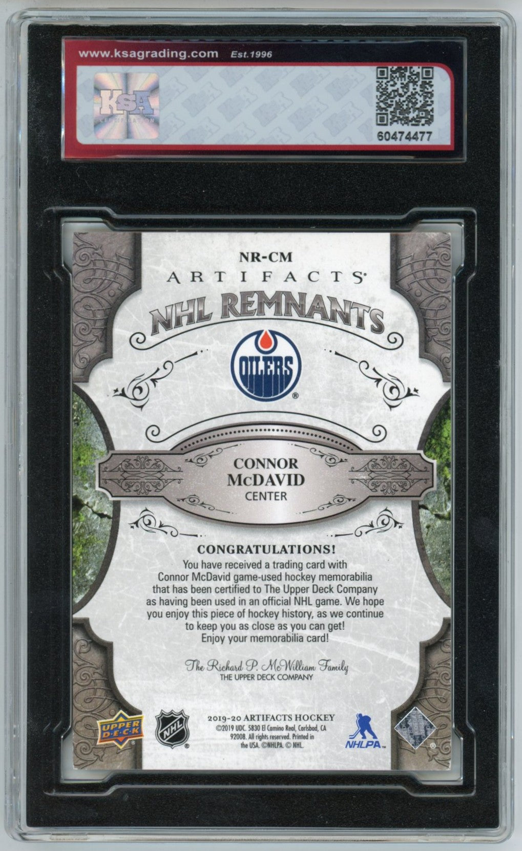 2019/20 Upper Deck Artifacts Connor McDavid NHL Remnants Graded Jersey Card KSA 7