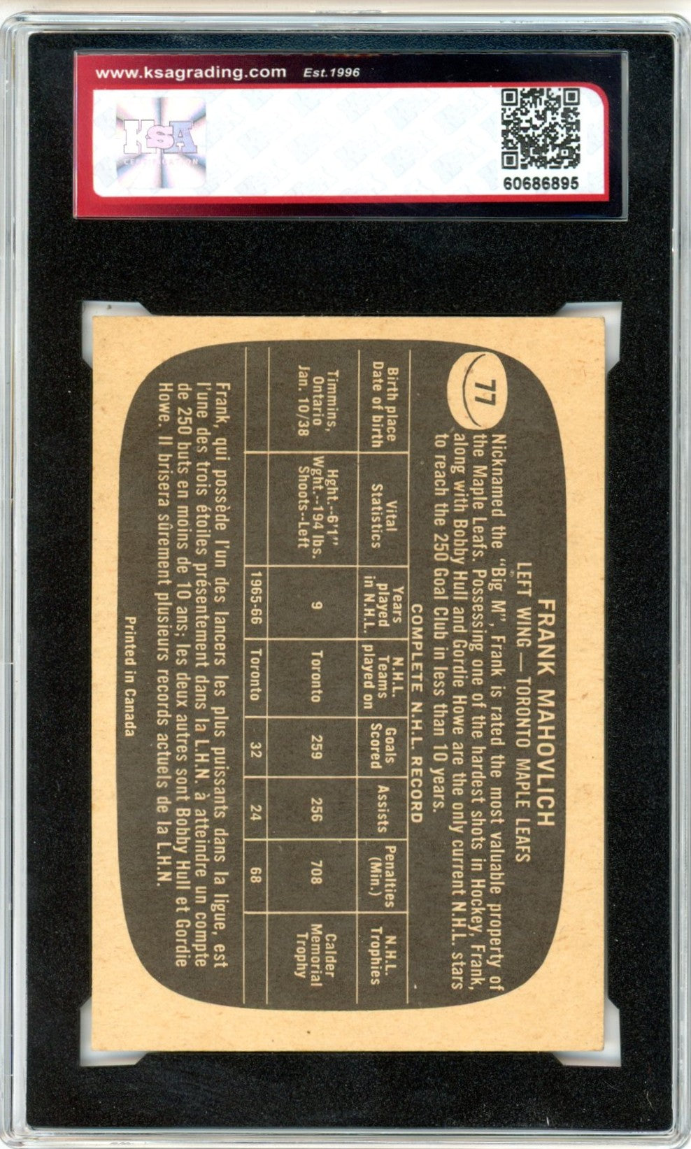 1966/67 Topps Frank Mahovlich #77 Graded Hockey Card KSA 6.5