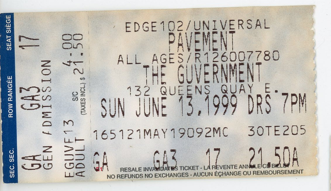 Pavement Vintage Concert Ticket The Guvernment (Toronto, 1999)