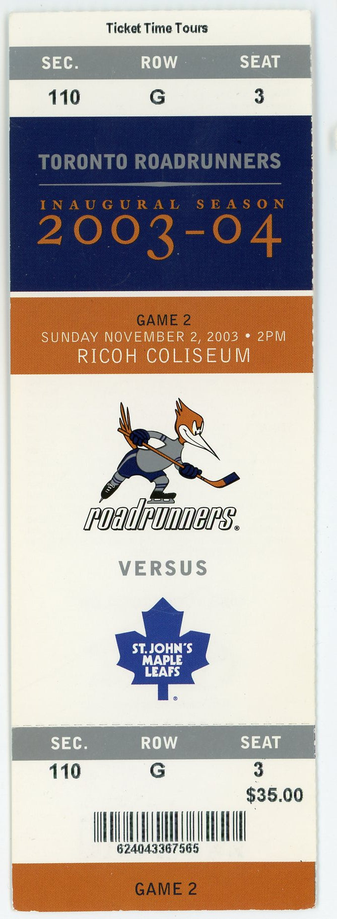 Toronto Roadrunners Vintage Ticket Stub Ricoh Coliseum (Toronto, 2003)