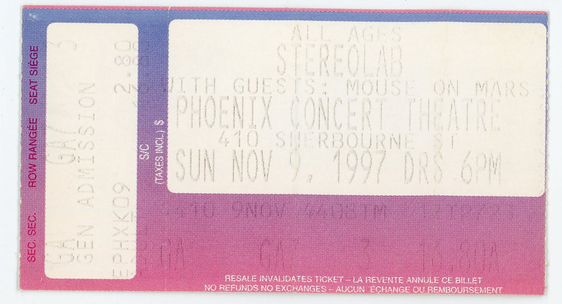 Stereolab Vintage Concert Ticket Phoenix Concert Theatre (Toronto, 1997)