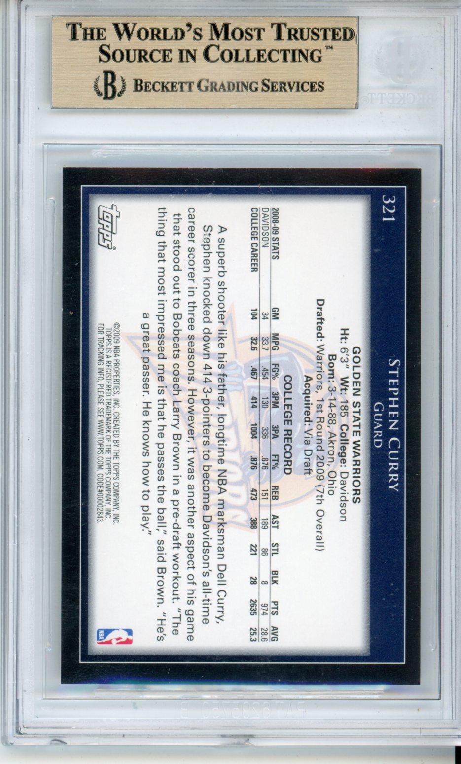 2009/10 Stephen Curry Graded Basketball Rookie Card #321 BGS 9.5