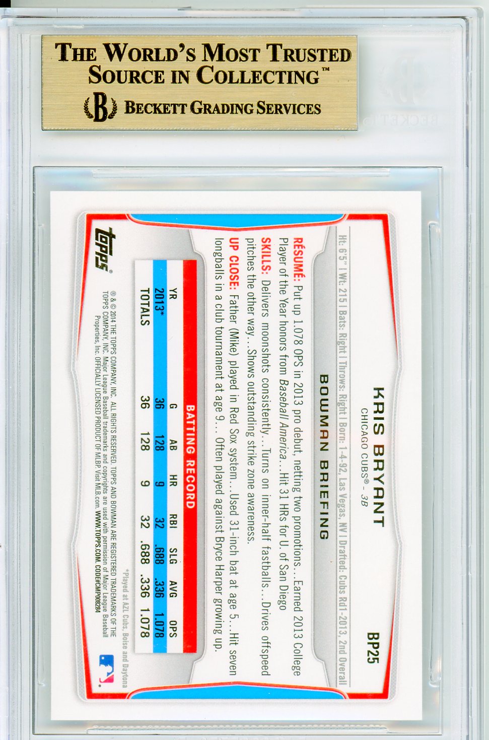 2014 Bowman Prospects Kris Bryant Graded Baseball Card BGS 9.5