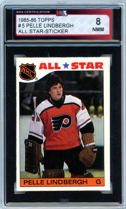 1985/86 Topps Pelle Lindbergh #5 All-Star Graded Hockey Sticker Card KSA 8