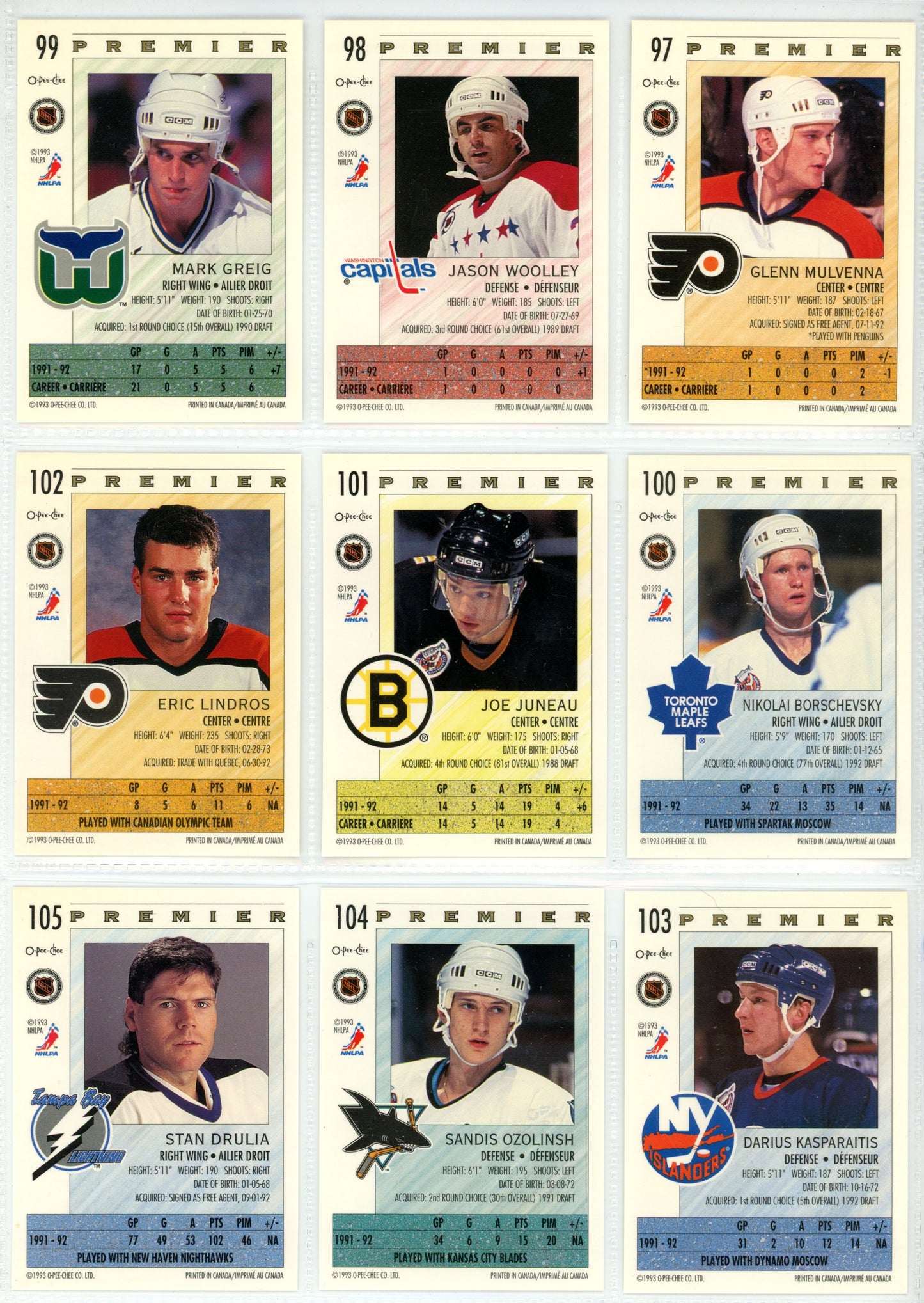 1992/93 O-Pee-Chee & OPC Premier NHL Hockey Card Complete Sets (528 Cards) + Inserts