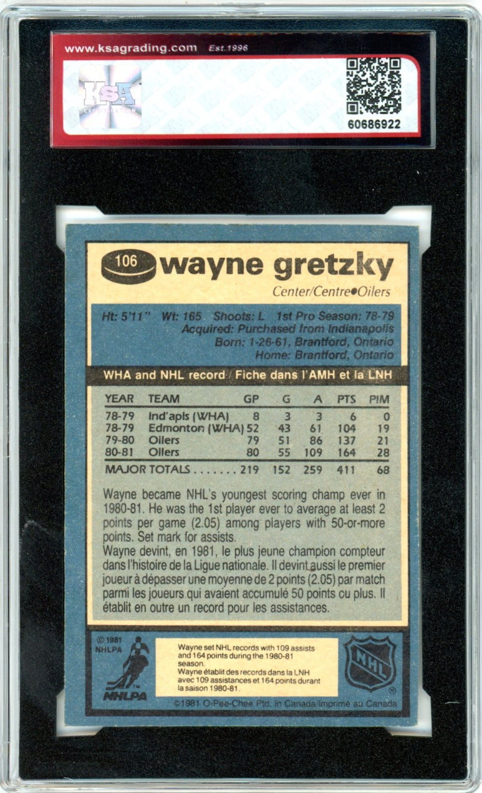 1981/82 OPC O-Pee-Chee Wayne Gretzky #106 Graded Hockey Card KSA Authentic Trimmed