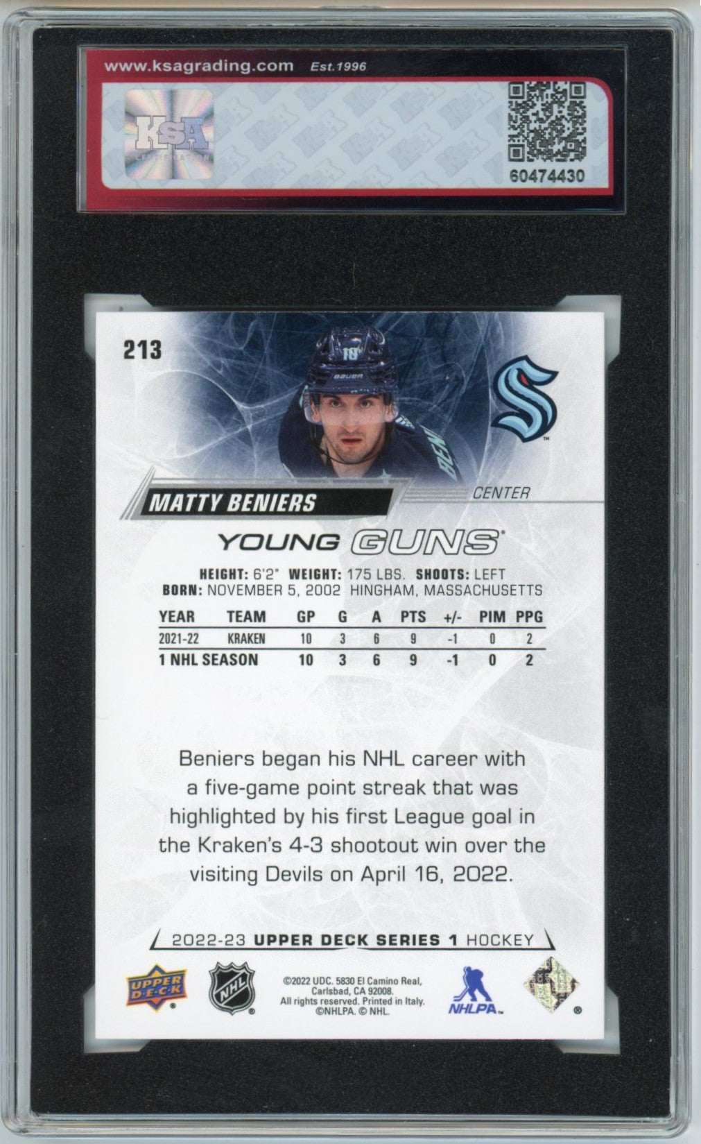 2022/23 Upper Deck Matty Beniers Young Guns Graded Rookie Card #213 KSA 8.5