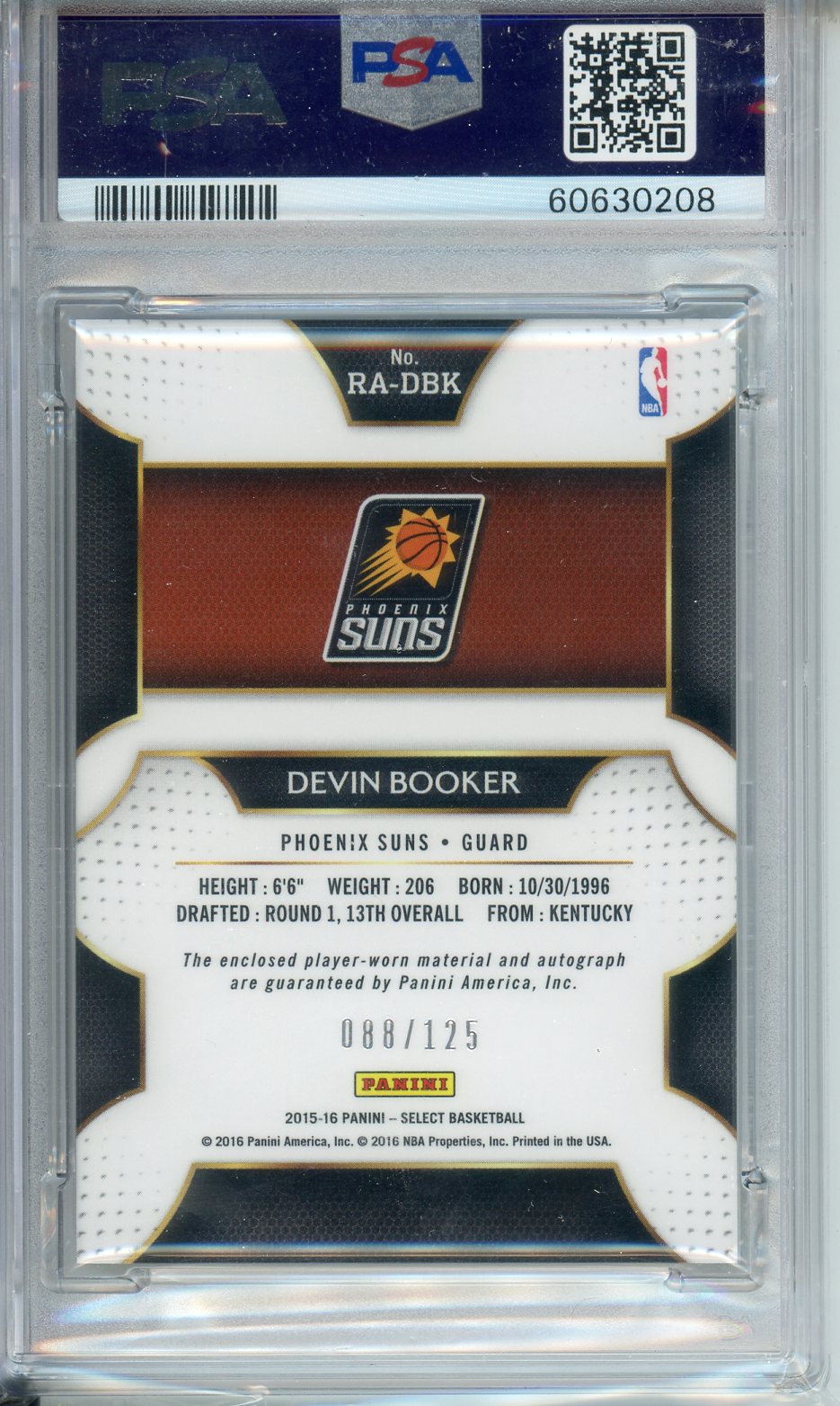 2015 Panini Select Devin Booker Graded Rookie Card #DBK PSA 9 Autograph Game Material /125