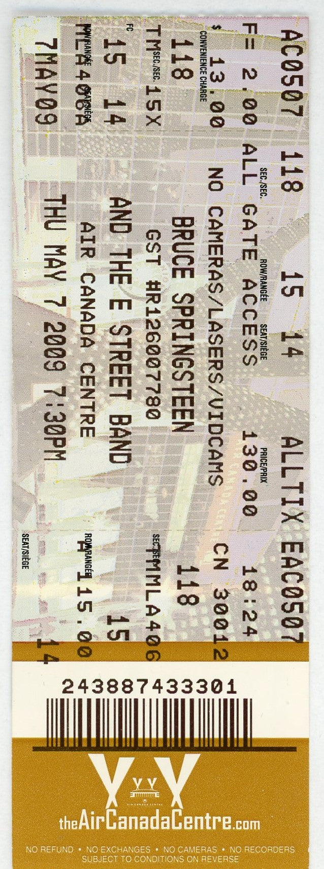 Bruce Springsteen & The E Street Band Concert Ticket Air Canada Centre (Toronto, 2009)