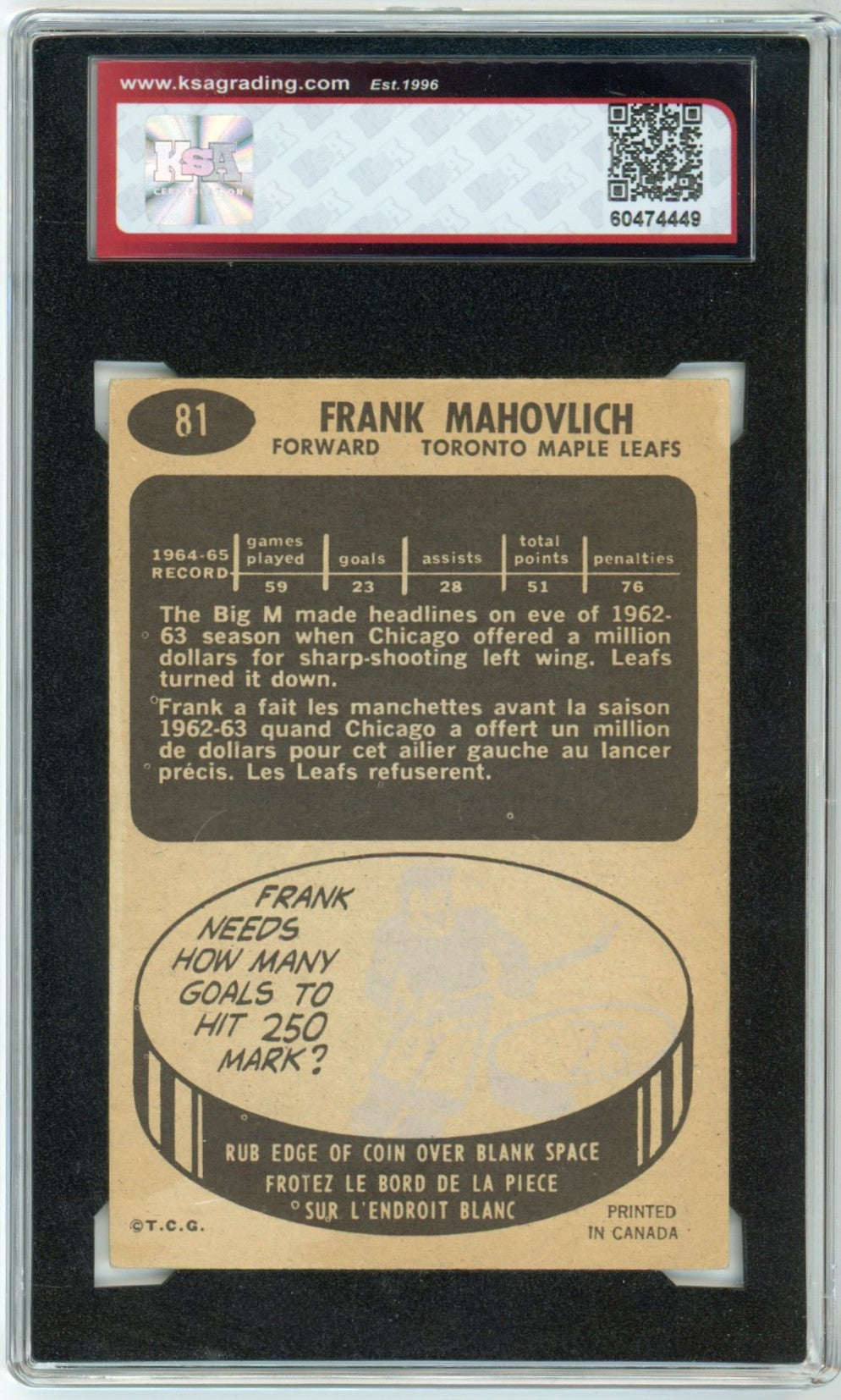 1965/66 Topps Frank Mahovlich Graded Hockey Card #81 KSA 3.5