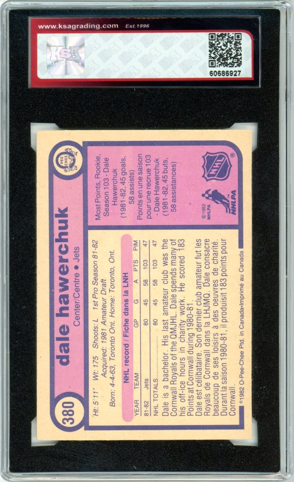 1982/83 OPC O-Pee-Chee Dale Hawerchuk #380 Graded Hockey Rookie Card KSA 4