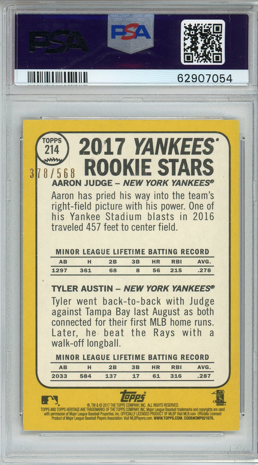 2017 Topps Heritage Aaron Judge, Tyler Austin Graded Rookie Card #214 PSA 8 /568