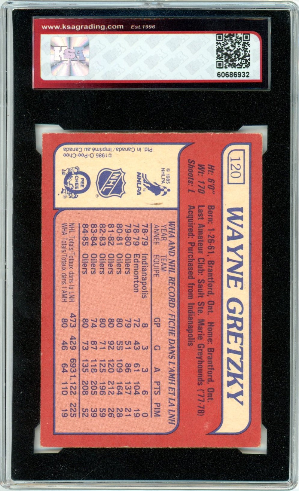 1985/86 OPC O-Pee-Chee Wayne Gretzky #120 Graded Hockey Card KSA 5.5