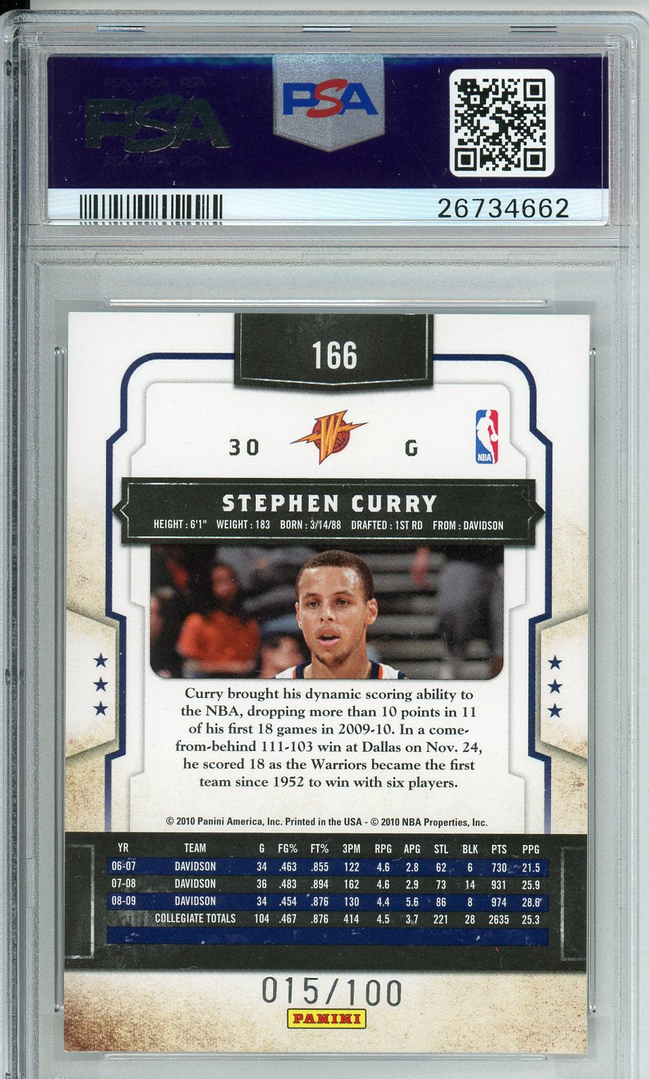 2009 Panini Classics Stephen Curry Timeless Tributes Graded Rookie Card #166 PSA 9 /100