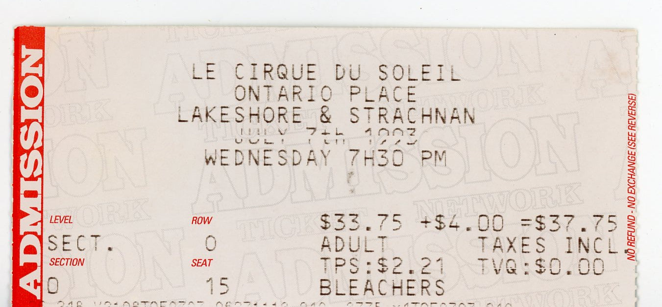 Le Cirque Du Soleil Vintage Ticket Stub Ontario Place (Toronto, 1993)