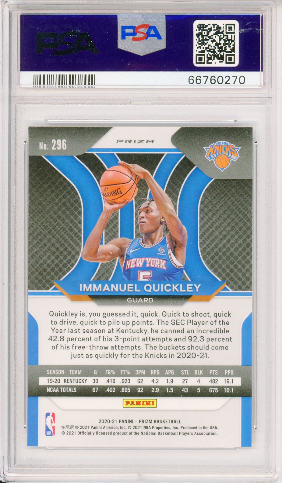 2020 Panini Prizm Immanuel Quickley Fast Break Prizm Graded Rookie Card PSA 9