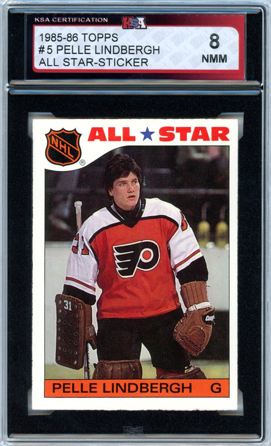 1985/86 Topps Pelle Lindbergh All-Star Graded Hockey Sticker Card KSA 8