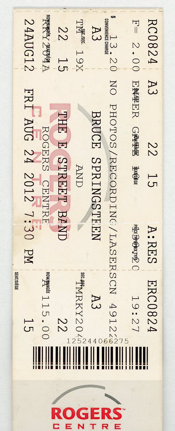 Bruce Springsteen & The E Street Band Concert Ticket Rogers Centre (Toronto, 2012)