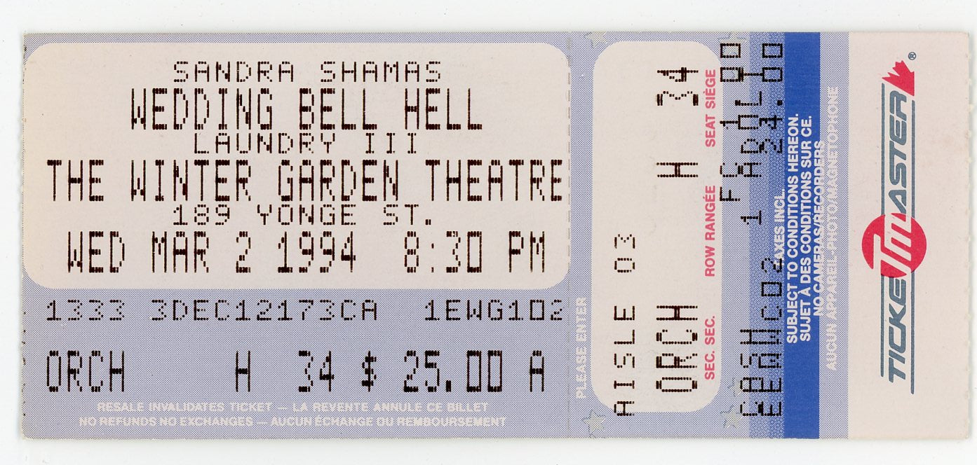 Sandra Shamas Vintage Concert Ticket Stub The Winter Garden Theatre (Toronto, 1994)