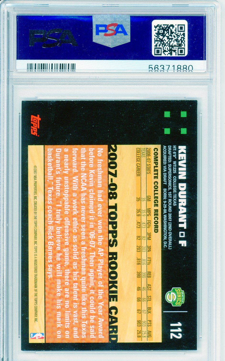 2007 Topps Kevin Durant #112 Graded Rookie Card PSA 7